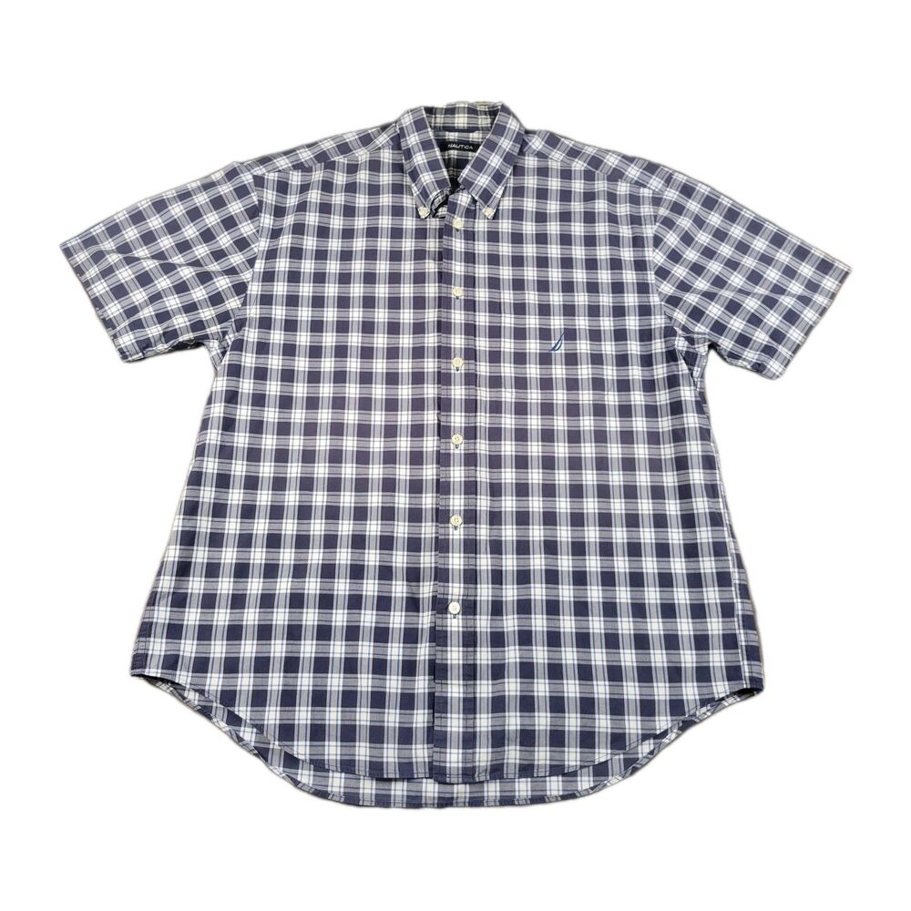 Nautica Shirt Mens Size L Short Sleeve Button Down Navy Blue White Cotton